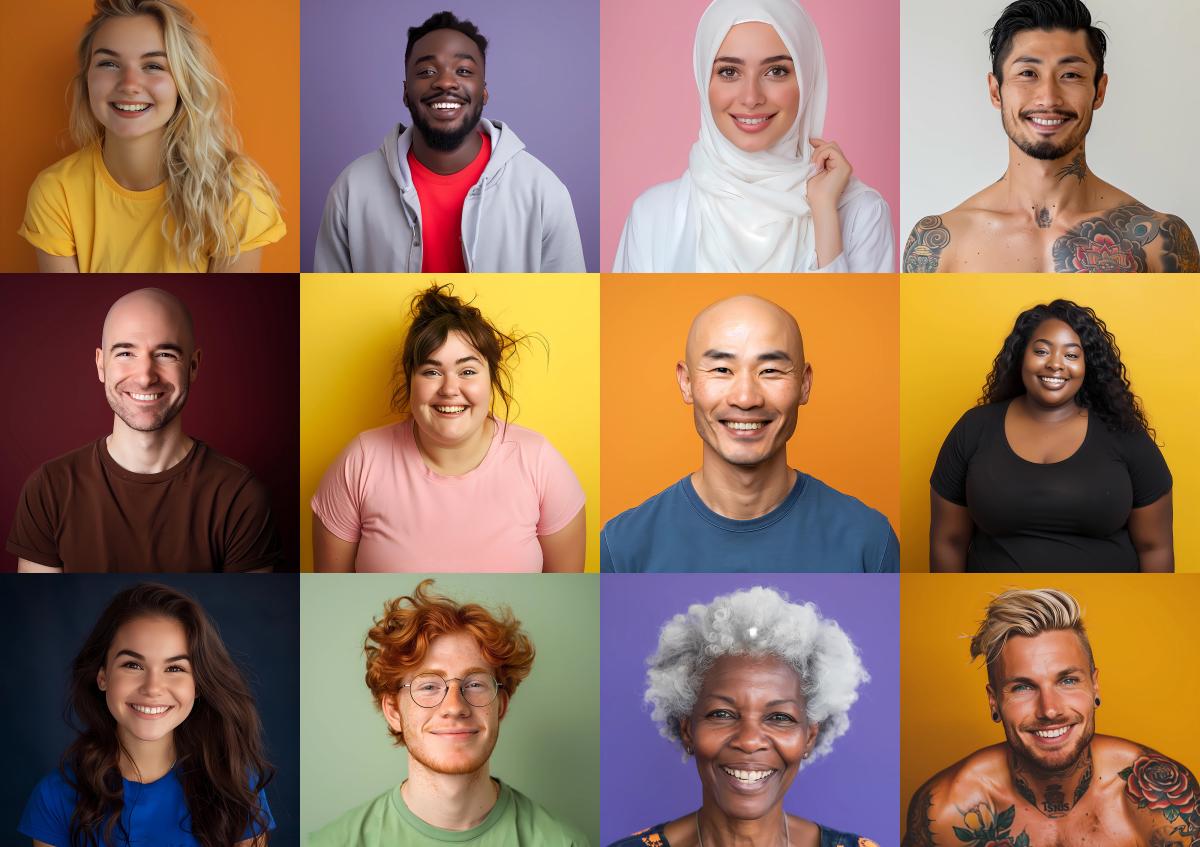 A vibrant collage of twelve diverse portraits showing people of various ages, ethnicities, and styles, all smiling warmly. The group includes men and women, radiating positive energy and friendliness