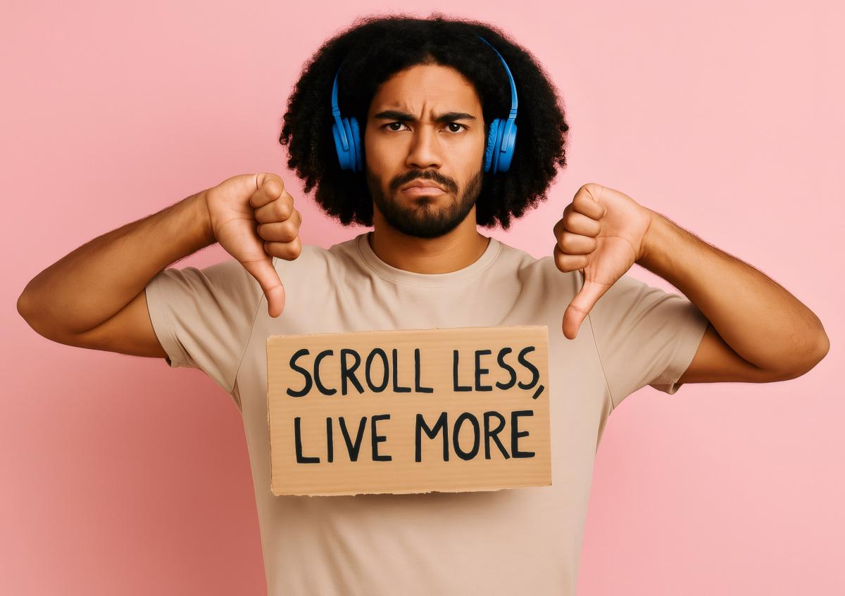 A young man with curly hair holding a cardboard sign that says "SCROLL LESS, LIVE MORE" and gives a double thumbs down with a serious facial expression