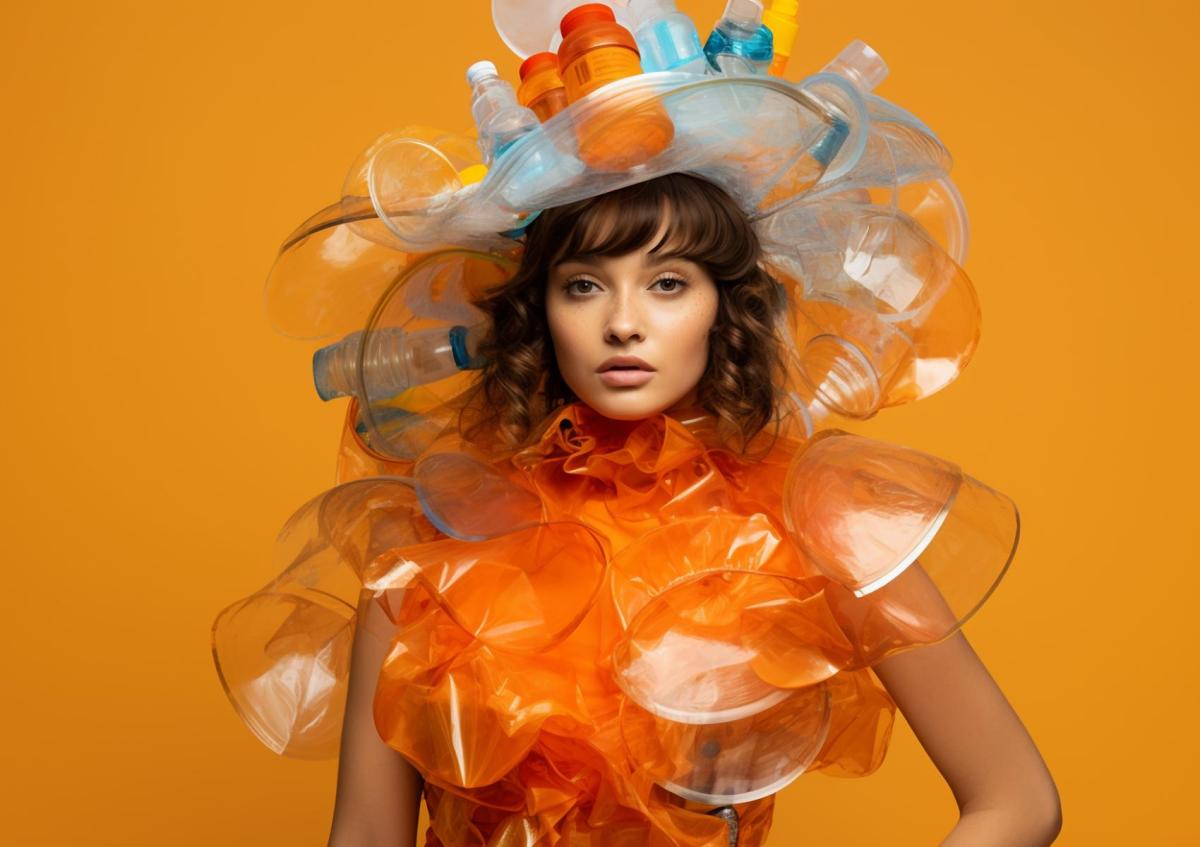A woman dressed in an artistic outfit made entirely of plastic waste materials, including plastic bottles, cups, and containers, all assembled into a sculptural ensemble