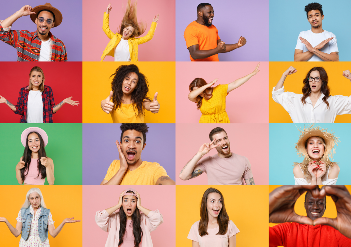 A collage of sixteen people showing a wide variety of emotions and expressions.