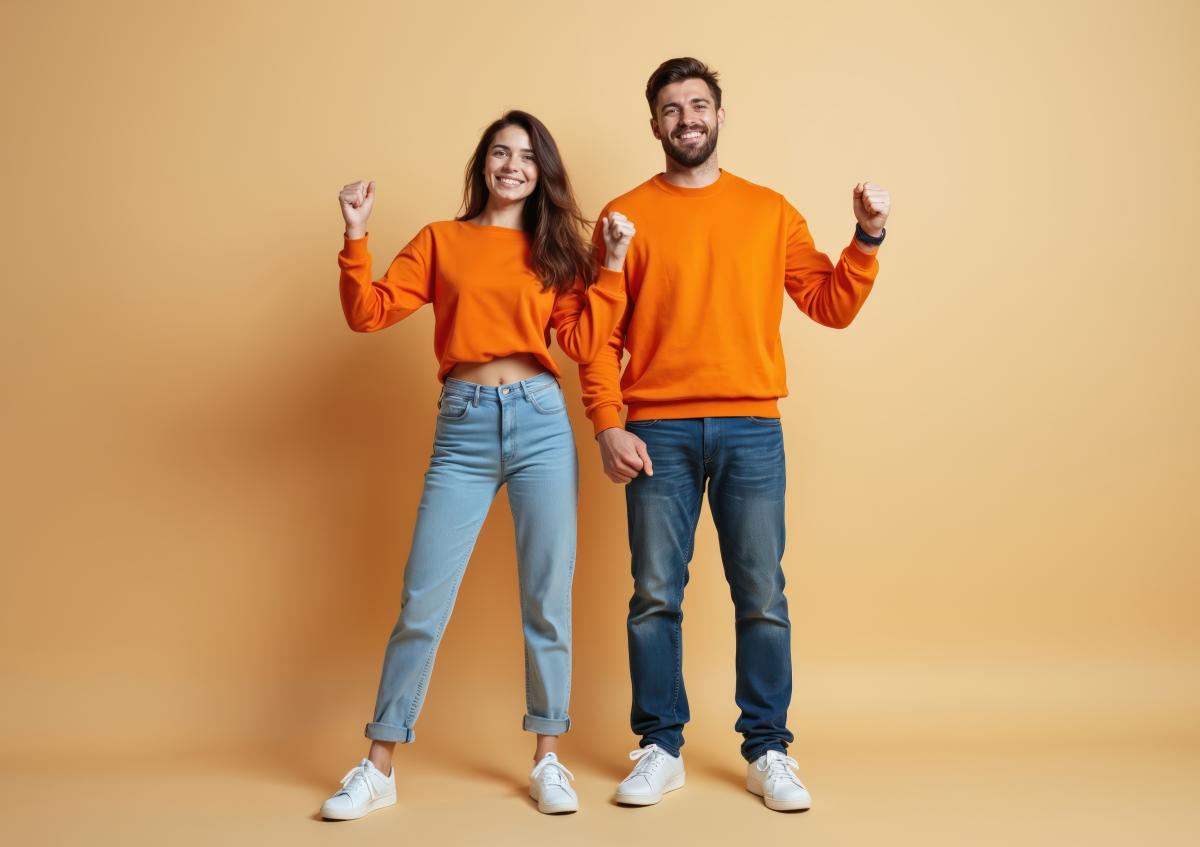 Een jonge vrouw en man staan naast elkaar. Ze glimlachen en maken feestelijke vuisten met gebogen armen, wat blijdschap of succes uitstraalt.