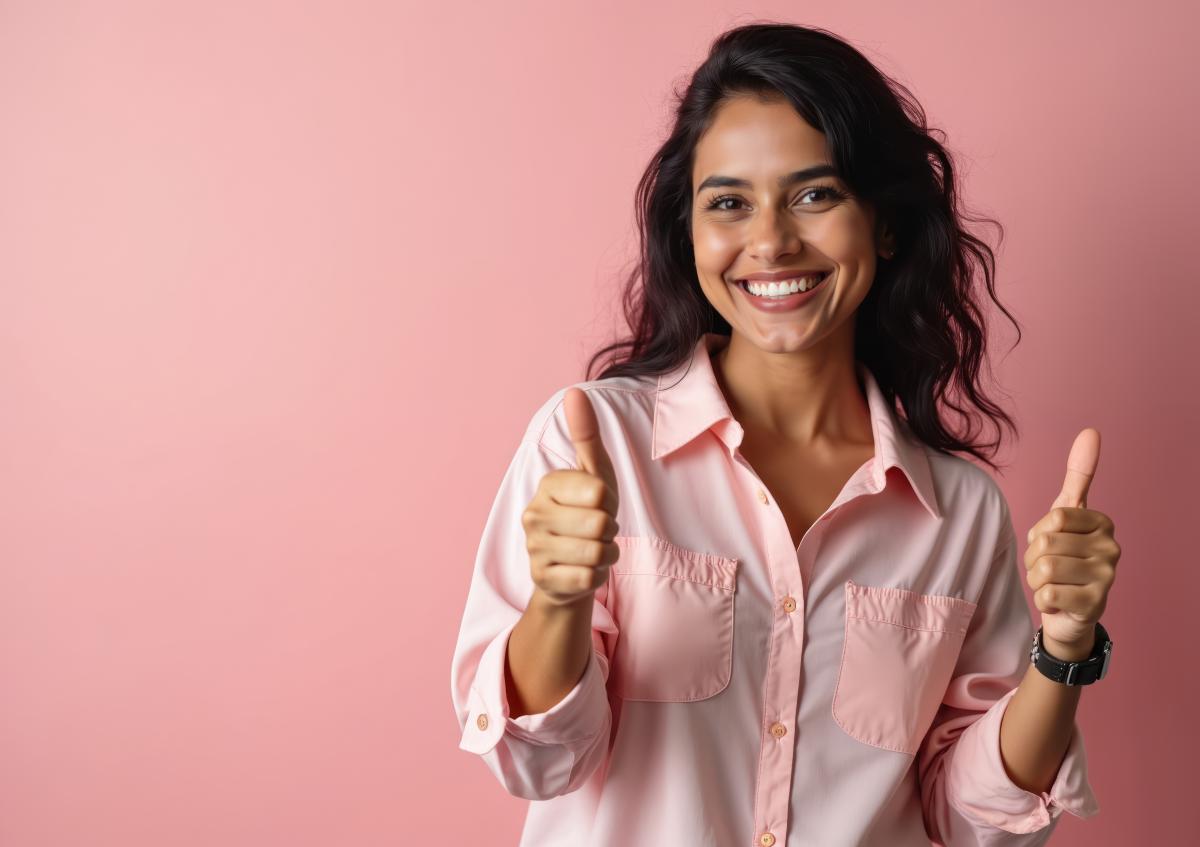 Een jonge vrouw glimlacht stralend en steekt beide duimen omhoog, waarmee ze goedkeuring en positiviteit uitdrukt.