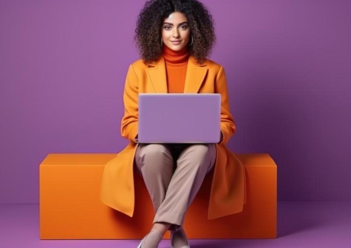 A woman smiles warmly while sitting behind her laptop checking reviews