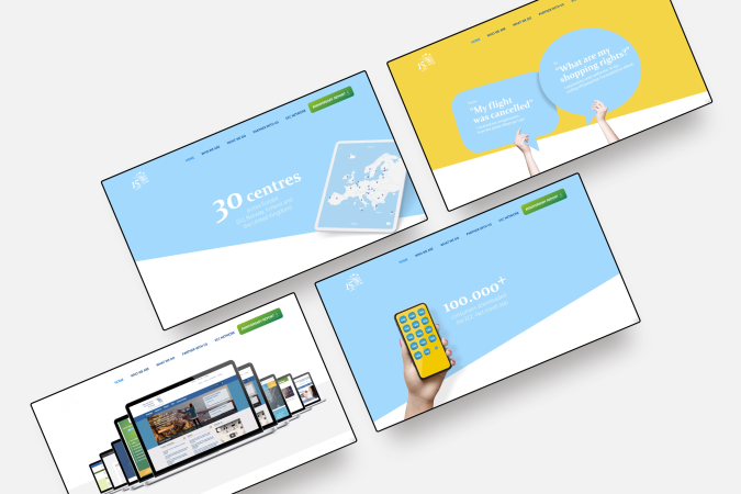 Vier computerschermen met daarop afbeeldingen van de ECC-Net Anniversary website 