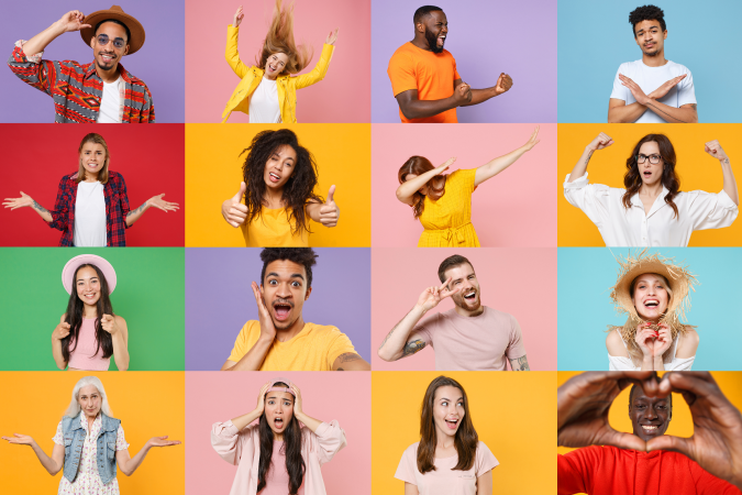 Een collage van zestien mensen met een grote variatie aan emoties en gezichtsuitdrukkingen.