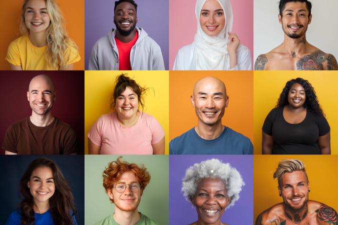 A vibrant collage of twelve diverse portraits showing people of various ages, ethnicities, and styles, all smiling warmly. The group includes men and women, radiating positive energy and friendliness