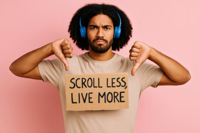 A young man with curly hair holding a cardboard sign that says "SCROLL LESS, LIVE MORE" and gives a double thumbs down with a serious facial expression