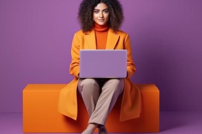 A woman smiles warmly while sitting behind her laptop