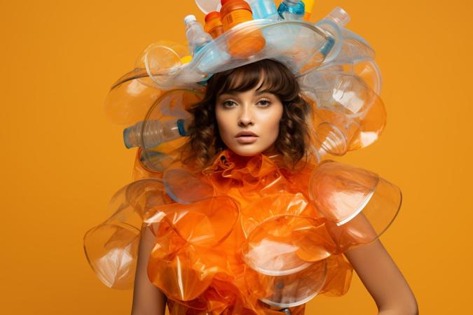 A woman dressed in an artistic outfit made entirely of plastic waste materials, including plastic bottles, cups, and containers, all assembled into a sculptural ensemble