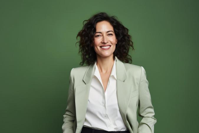 Vrouw kijkt zelfverzekerd en vriendelijk naar de camera met een brede glimlach. Ze staat rechtop en heeft haar handen ontspannen in haar zakken.