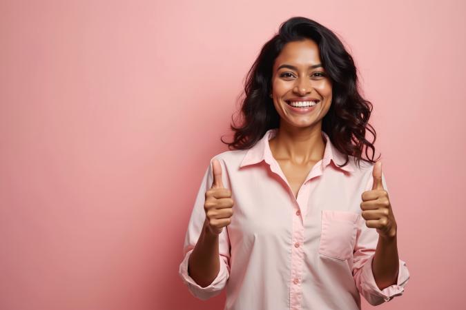 A young woman smiles brightly and gives two thumbs up, expressing approval and positivity.