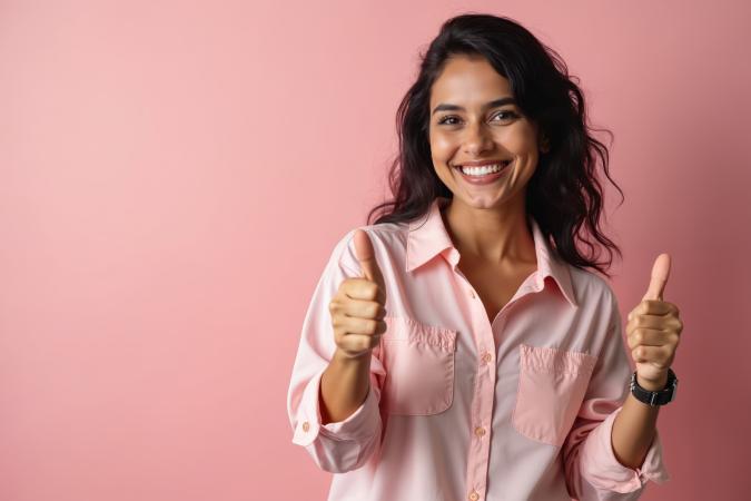 Een jonge vrouw glimlacht stralend en steekt beide duimen omhoog, waarmee ze goedkeuring en positiviteit uitdrukt.